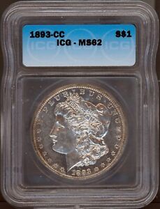 Rare 1893-CC $1 Silver Morgan Dollar ICG MS 62 # 4397220101 + Bonus