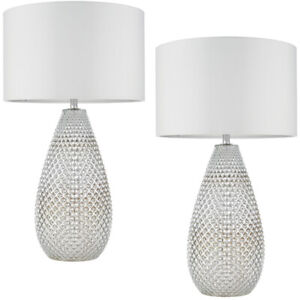 2 PACK Modern Textured Table Lamp Chrome Glass Base & White Shade Bedside Light