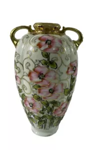 NIPPON Hand Painted Floral Vase Gold Pink Green White 2 Handles Beaded Japan - Picture 1 of 18