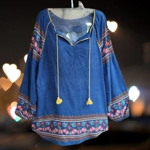 Signature Studio Women's Peasant Boho Top Blouse Front Tie w/Tassels Blue Size S - Picture 1 of 13