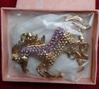 Betsey Johnson Gold Purple Rhinestones Horse Necklace 26" Long. New