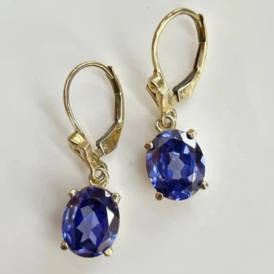 2Ct Oval Cut Lab Created Tanzanite Women's Drop Earrings 14K Yellow Gold Plated - Image 1 of 4
