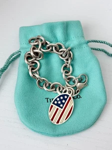 Bracciale Vintage Tiffany & Co. Bandiera Americana .925 Argento Sterling 7,5" - Foto 1 di 3