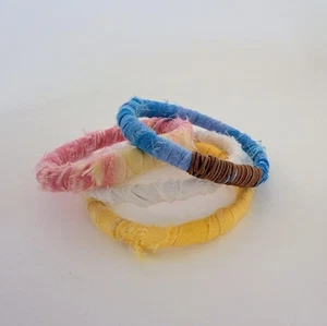 4 ~ Handmade Rag Boho Fabric Bracelets Bangles Pink Blue White Yellow Cotton Set - Picture 1 of 3