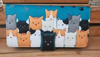 Shag Wear Women's Slim Faux Leather Clutch Wallet - Cat Crowd, Dark Teal - Image 1 of 4