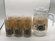 ALPINE CUISINE GOLD FROSTED GLASS WITH Gray Roses and PITCHER- VIN 7 PCS TOTAL