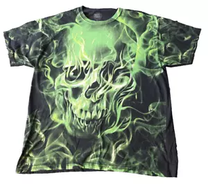 Social Media Shirt Mens XL Black Green Flaming Skull Mega Print Short Sleeve* - Picture 1 of 8