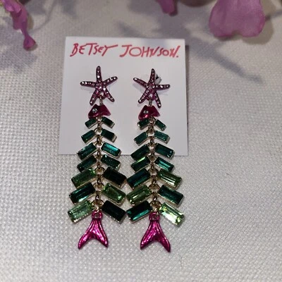 Pendientes colgantes Betsey Johnson tono dorado árbol pez araña detalles de cristal NUEVO Foto 1 de 3