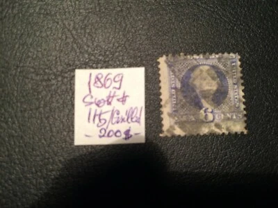 United States stamp 1869 Washington 6c ultramarine Scott #115 USED  - Image 1 of 2