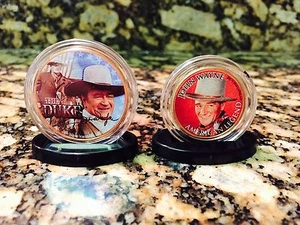 JOHN WAYNE 24KT GOLD JFK HALF DOLLAR & IOWA QUARTER 2 COIN SET W/H COA & STANDS! - Picture 1 of 3