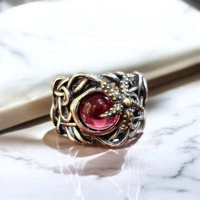 Anello Fascia Argento 925 Regolabile con Tormalina Rossa e Stella Marina dorata - Immagine 1 di 4