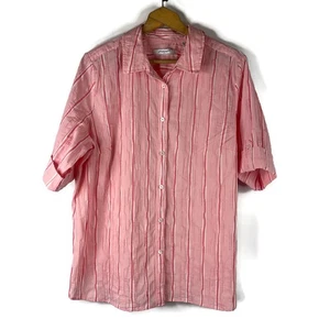 Foxcroft Womens Button Up Tunic Top Size 18W Pink Striped Collared Short Sleeve - Picture 1 of 8