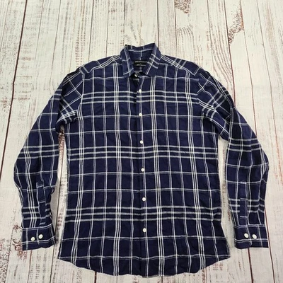 Sak's 5th Avenue Blue Plaid Long Sleeve Linen Slim Fit Button-Up Shirt Men's L - Image 1 of 4