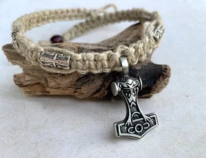 Hemp Surfer Necklace with Thor’s Hammer Vikings Jewelry - Picture 1 of 3