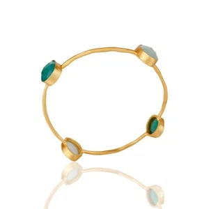 Multi Gemstone Hammered Bangle Bracelet Gold Plated Aqua Chalcedony & Green Onyx - Picture 1 of 5