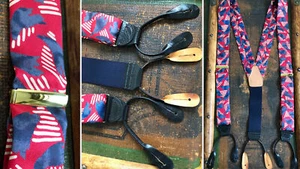 VTG 100% SILK TWILL RED BLUE WHITE STRIPES SUSPENDERS BRACES BLACK LEATHER EUC - Picture 1 of 10