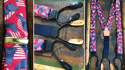 ANTIGO APARELHO SUSPENSÓRIO 100% SEDA SARJA LISTRAS VERMELHAS AZUIS BRANCAS COURO PRETO EXCELENTE ESTADO USADO - Imagem 1 de 4