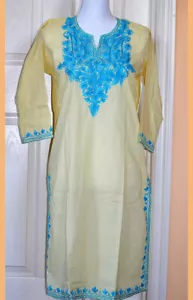 Turquoise Embroidered light yellow Color Long Cotton Tunic Top Kurti from India! - Picture 1 of 5