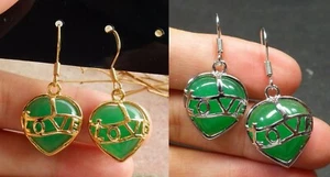 Genuine Green Jade Love Heart Yellow White Gold Plated Luck Hook Dangle Earrings - Picture 1 of 14