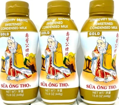 Etiqueta dorada de leche condensada endulzada marca Longevity 15,8 oz (paquete de 3) ~ 06/2026 Foto 1 de 3