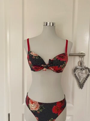 Bikini Set Gr. 36 Tupfen Blumen Print v. Antigel Swim schwarz rot weiß Minislip - Bild 1 von 4