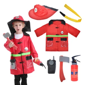 Kids Firefighter Fancy Dress Up Fireman Uniform Cosplay Outfit With Pretend Play - Picture 1 of 9