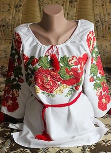 Ukrainian Embroidered women's Shirts Blouse Red Roses Size L - Imagen 1 de 5