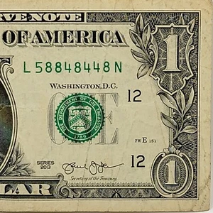 Billete de dólar Four 8s Trinary Fancy número de serie de un L58848448N FW 2013 Three 4s - Imagen 1 de 8