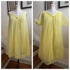 Vtg 60s Vanity Fair Babydoll Yellow Peignoir Nightgown Robe Set Chiffon size S - Picture 1 of 12