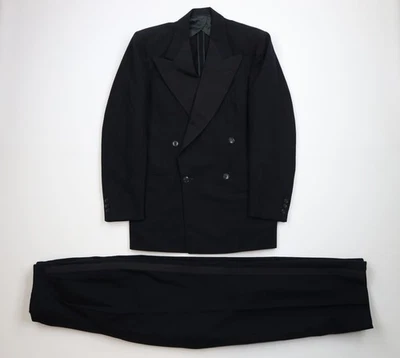 Terno masculino vintage anos 60 anos 70 streetwear 40L lã pesada 2 peças peito duplo preto EUA - Imagem 1 de 4