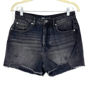 Zara Black Distressed High Waisted Denim Jean Shorts Size 8 - Picture 1 of 9