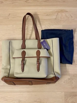 Bolso de Mano Ralph Lauren Etiqueta Púrpura Cuero Borde Lona Marrón Beige Sin Usar Foto 1 de 4