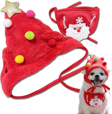 Dog Christmas Hat & Bandana, Dog Christmas Outfit Costumes, Santa Hat Scarf Pet  - Image 1 of 4