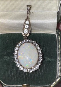 Antique 14ct Gold 10.5ct Natural OPAL Cluster 0.9ct Diamond Pendant - Picture 1 of 9