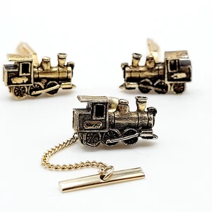 Steam Engine Locomotive Train Cufflinks Tie Pin Tac Tack Set Vtg Sarah Coventry - Picture 1 of 18