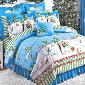 FROSTY SNOWMAN CHRISTMAS VILLAGE BLUE TWIN Size Comforter Set AND SHEET SET - Picture 1 of 3