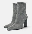 ✨ Zara NWT Rhinestone Silver Blocked Heeled Ankle Boots US 6.5 EUR 37