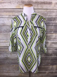 Michael Kors Sz 2 Tunic Top Blouse Green Black Popover Chevron Roll Tab Sleeve - Picture 1 of 8