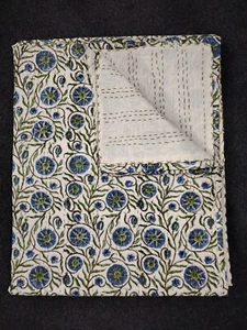 Indian Blue White King Size Hand Block print kantha Handmade Quilt Bedspread Art - Picture 1 of 13