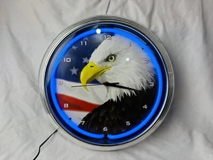 Bald Eagle American Flag USA Blue Neon Hanging White Clock 15" Diameter 8EGFLG - Picture 1 of 5