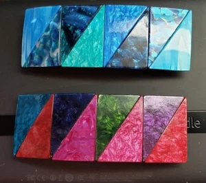 French Pair of Colorful Vintage Hair Barrettes Triangles Resin w/ Metal Clips - Picture 1 of 6