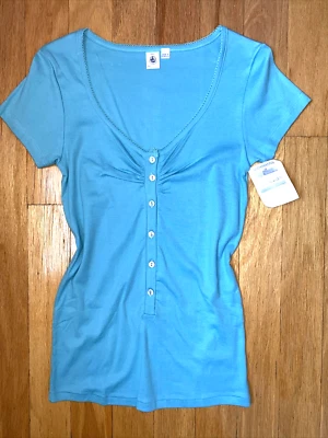 Petit Bateau Y2K Blue Cotton Fitted Button-Up Baby Tee Top Size 18 Fits S New - Image 1 of 4