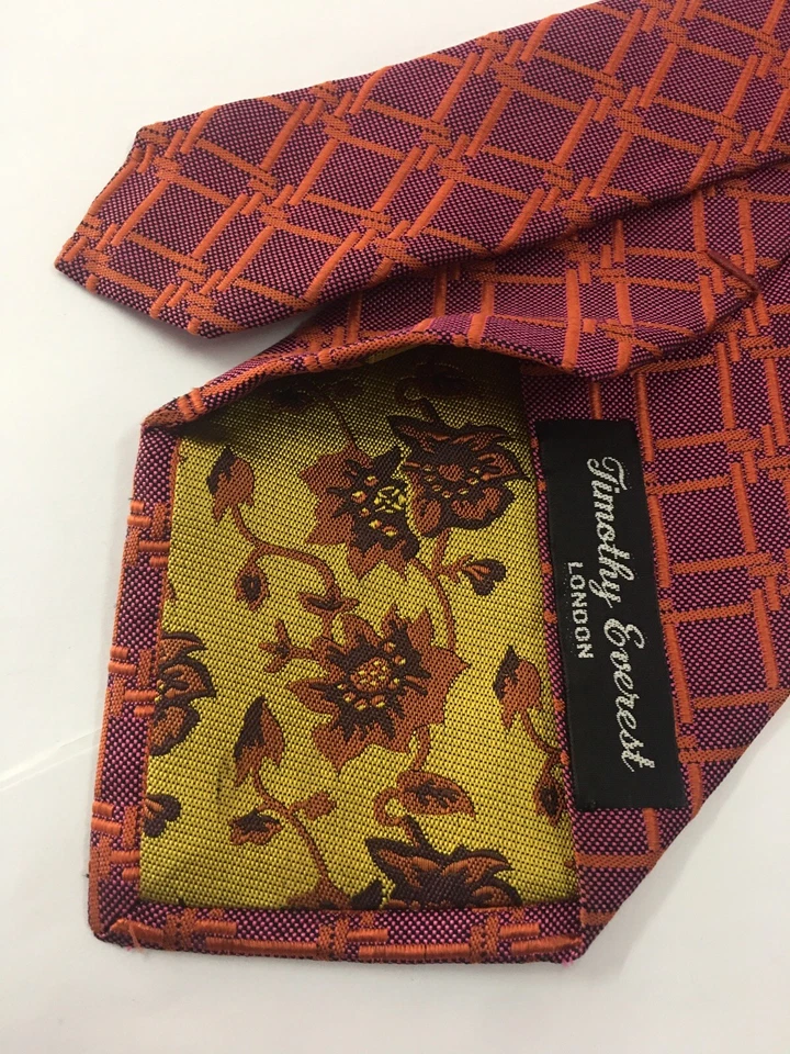 Authentic Timothy Everest London Plaid Design On Red 100% Silk Necktie Tie - Image 1 of 4