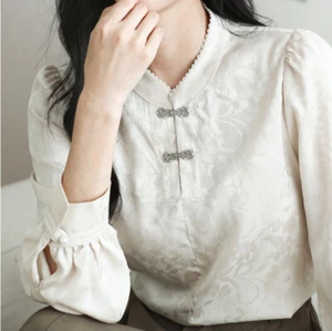 Women Floral Satin Shirt Frog Button Long Sleeve Mandarin Collar Pullover Top - Picture 1 of 12