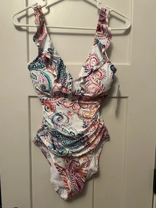 Ralph Lauren 1Pc Swimsuit Women White Multi Paisley Ruffle Size 6 ~Gorgeous~ - Picture 1 of 6