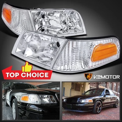 Fits 1998-2011 Ford Crown Victoria Clear Headlights+Corner Signal Lamp Pair Foto 1 de 4
