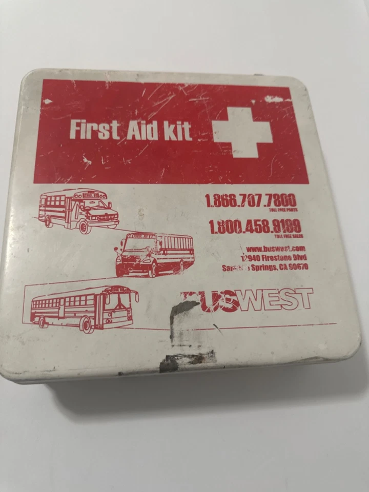 vintage first aid kit metal box with the bus logo gray for any collector - Image 1 of 4