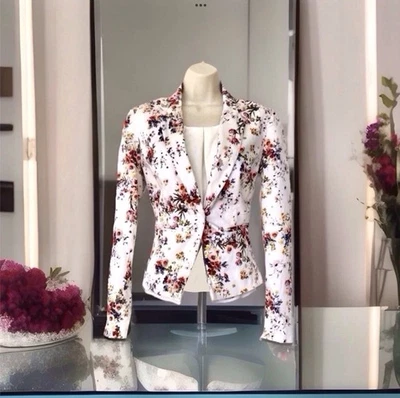 Chaqueta de Algodón Ana Jakobs UK 12 Blanca Estampado Floral Blazer Sencillo Pecho Foto 1 de 4