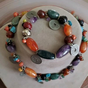 Vintage Semi Precious Stone & Faux Chinese Coin Necklace and Bracelet Set ~ NOS - Picture 1 of 18