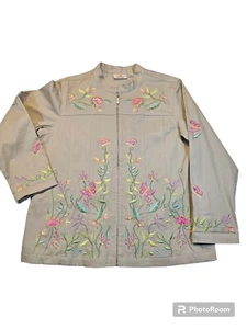 Quacker Factory Womens Embroidered Floral Cream Full Zipp Jacket Sz Large EUC - Picture 1 of 11